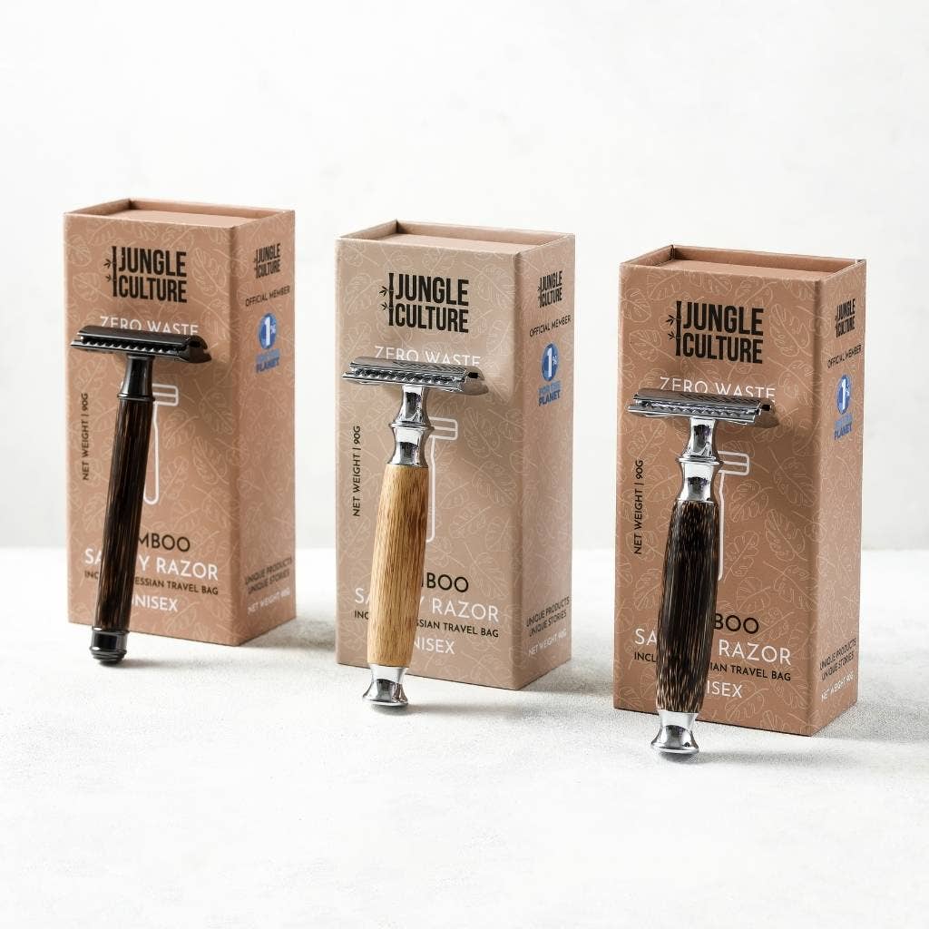Bamboo Safety Razor - Unisex Eco-Friendly Razors, Zero Waste: Thick Handle / Light Wood Tone