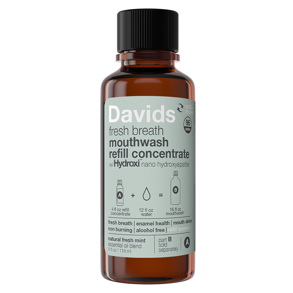 Davids Hydroxi™ fresh breath mouthwash - natural fresh mint : Mouthwash refill kit w/ empty glass bottle (refills sold separately)