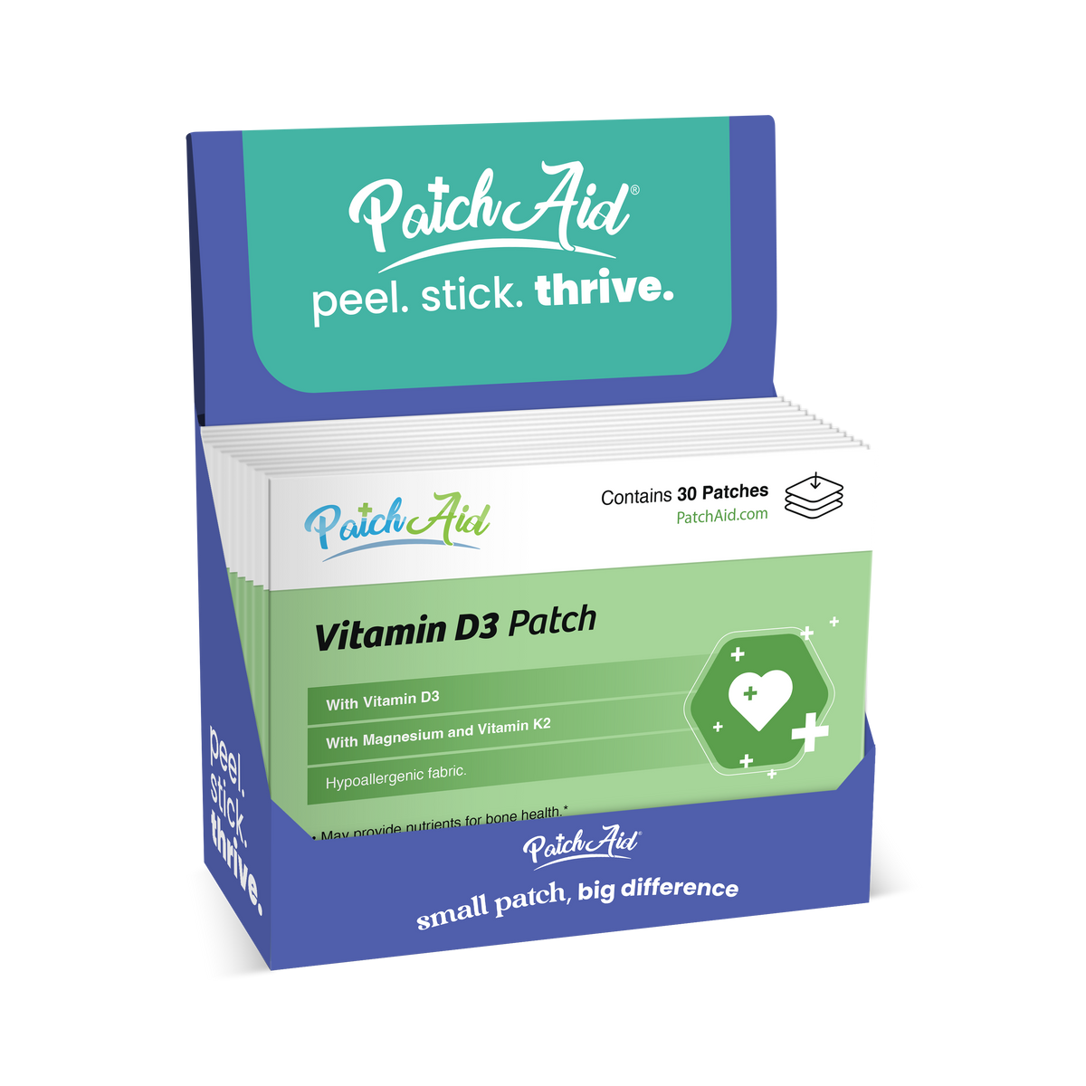 Vitamin D3 with K2 Patch - Bone, Heart & Immune Support: 12-Pack with Display Case