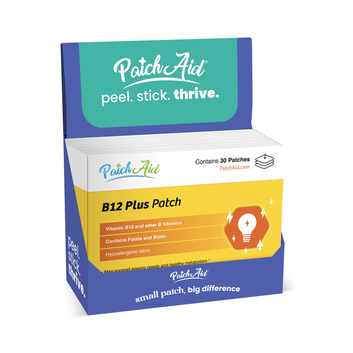 B12 Energy Plus Vitamin Patch - Energy & Mood Support: 12-Pack with Display Case