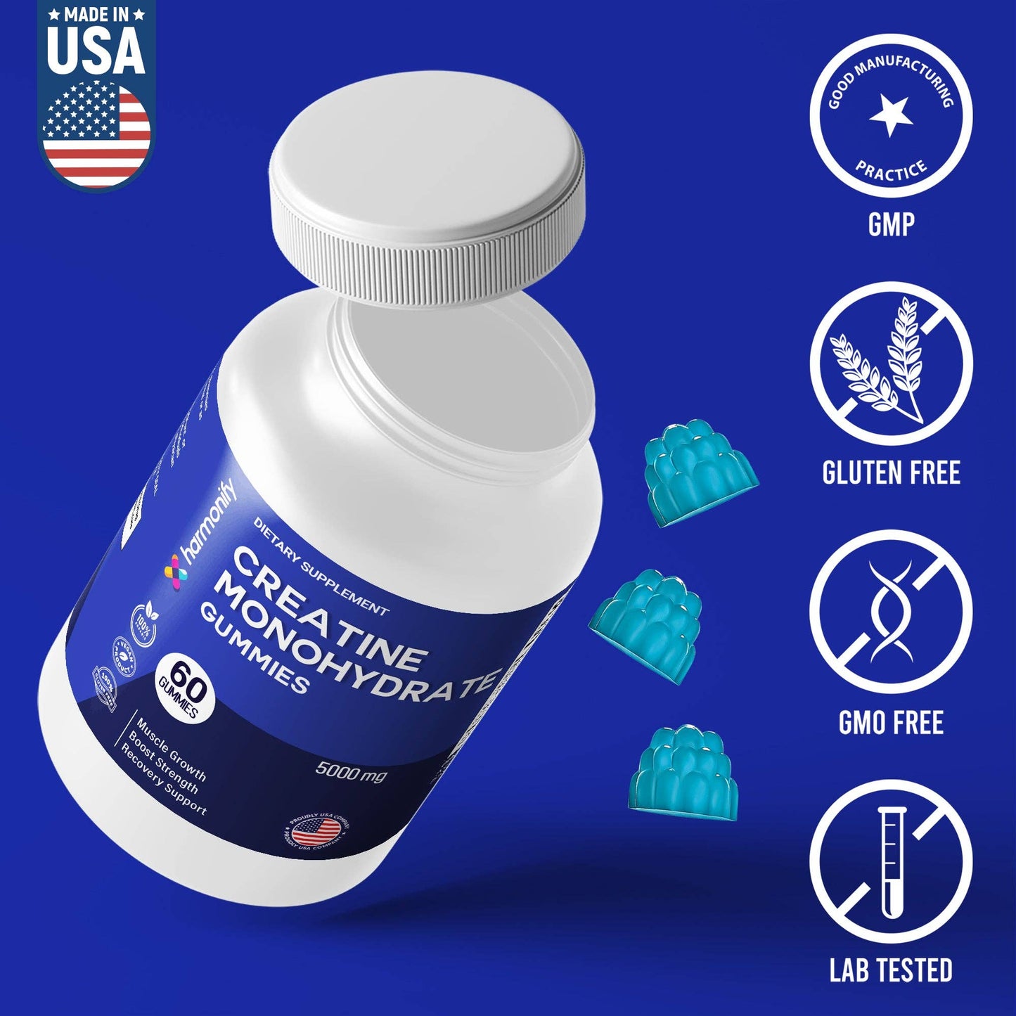 HARMONIFY Creatine Monohydrate Gummies 5000mg – Muscle Growth, Strength & Recovery Support – Vegan, Gluten-Free, Non-GMO – 60 Gummies