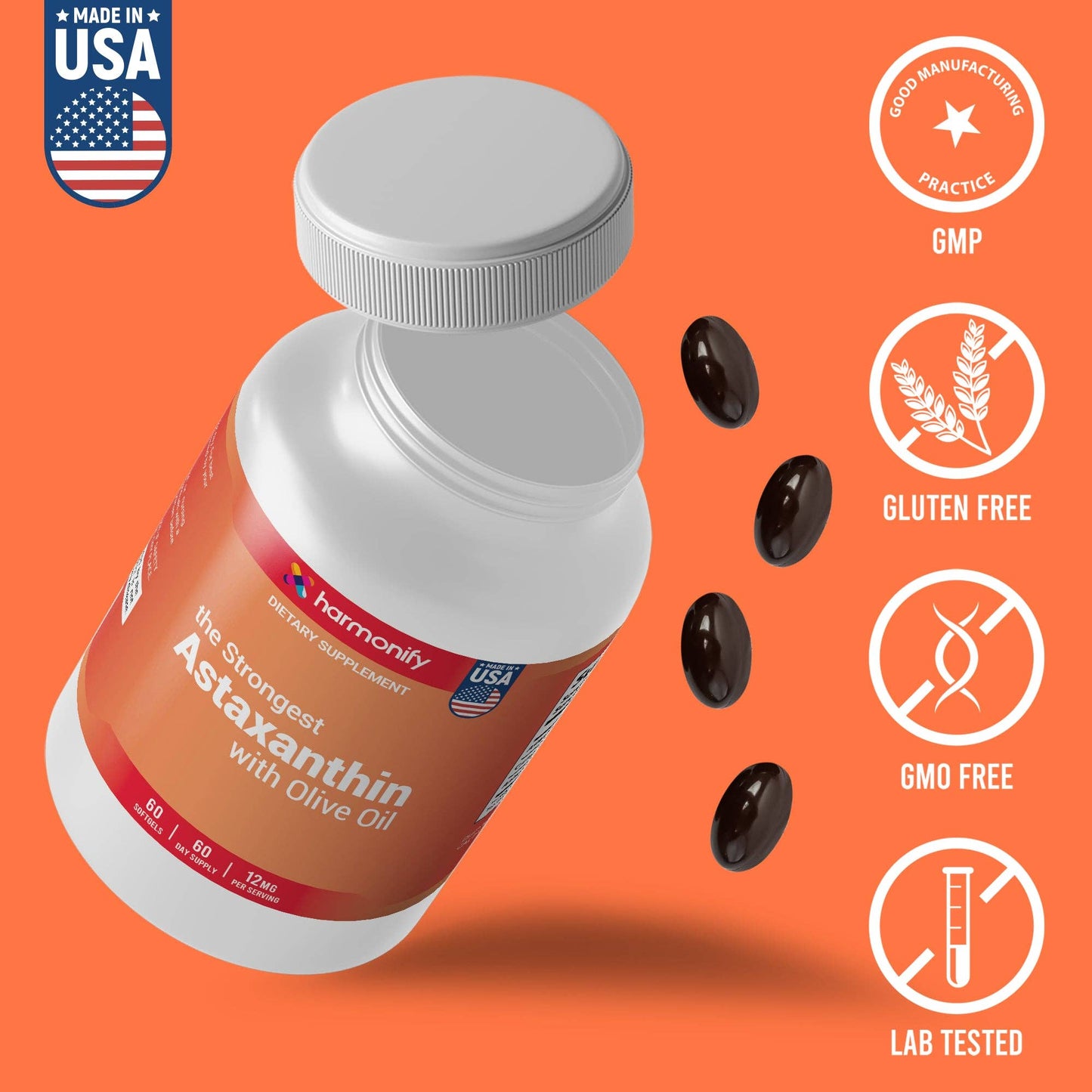 HARMONIFY Astaxanthin 12mg – 60 Softgels | 60-Day Supply | With Olive Oil & Vitamin E | Potent Antioxidant Support for Skin, Eyes & Joints