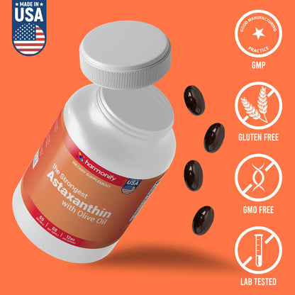 HARMONIFY Astaxanthin 12mg – 60 Softgels | 60-Day Supply | With Olive Oil & Vitamin E | Potent Antioxidant Support for Skin, Eyes & Joints