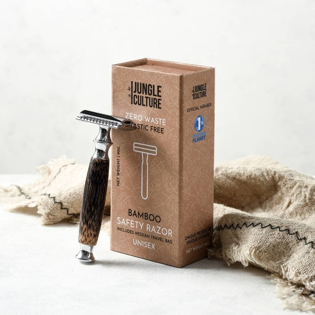 Bamboo Safety Razor - Unisex Eco-Friendly Razors, Zero Waste: Thick Handle / Light Wood Tone